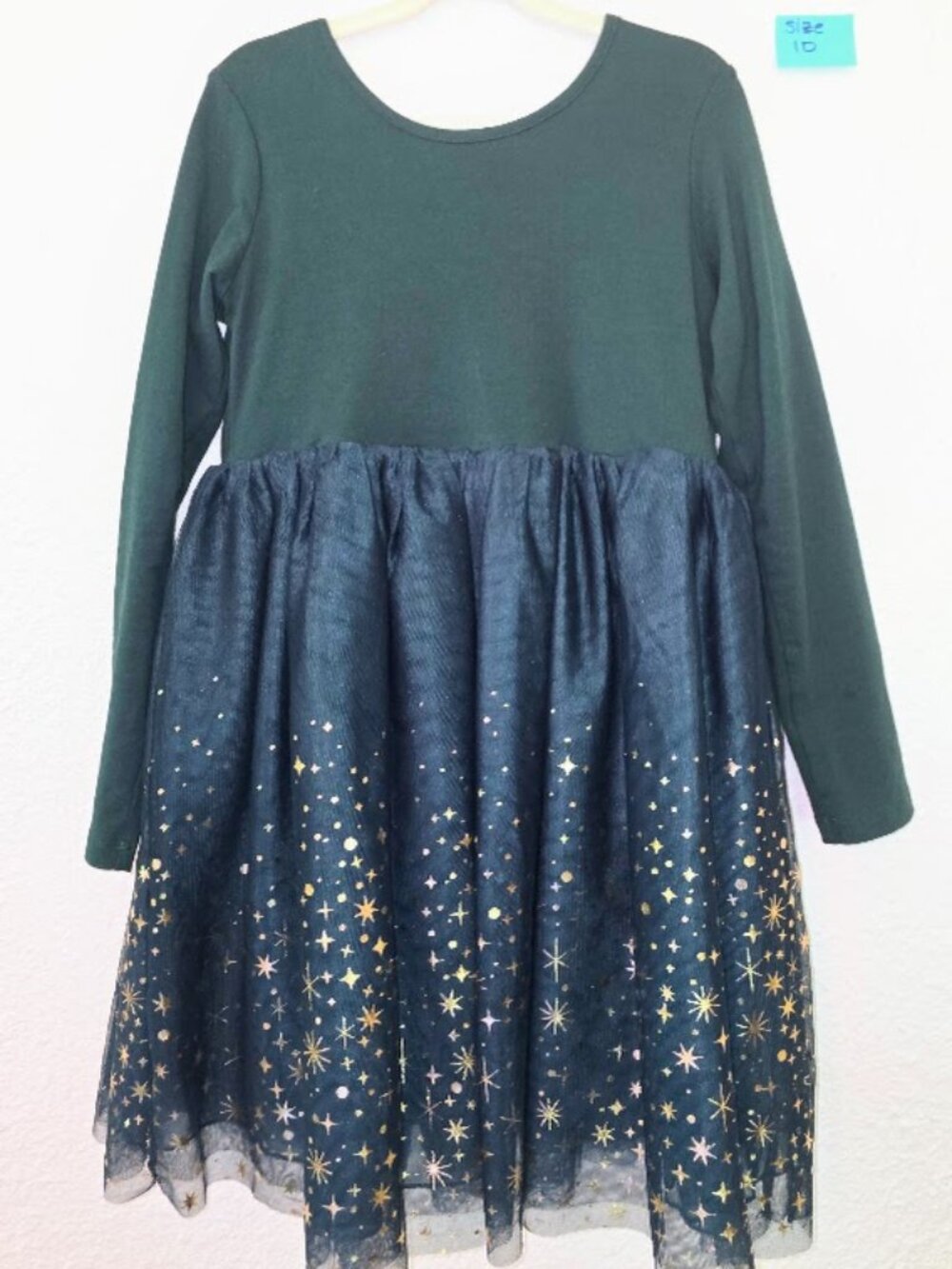 Hanna Andersson Long Sleeve Shimmer Tulle Dress, w/ gold stars, accents, size 10